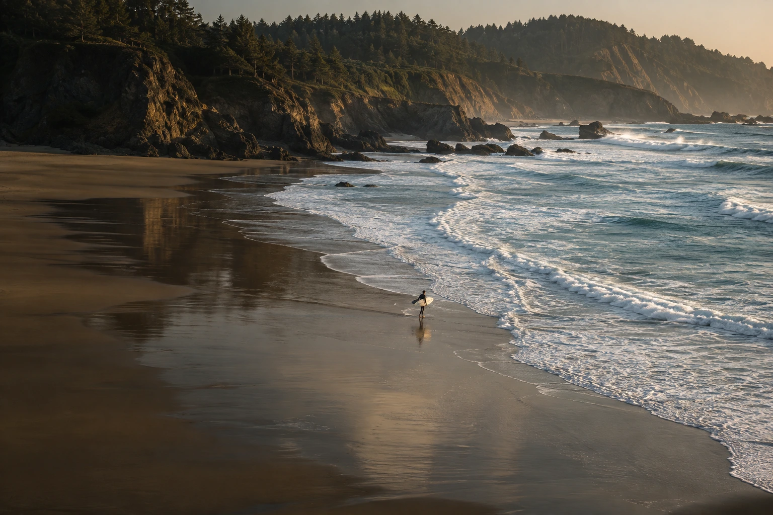 Ein Surfer mit seinem Board an einem weiten Strand im warmen Abendlicht.