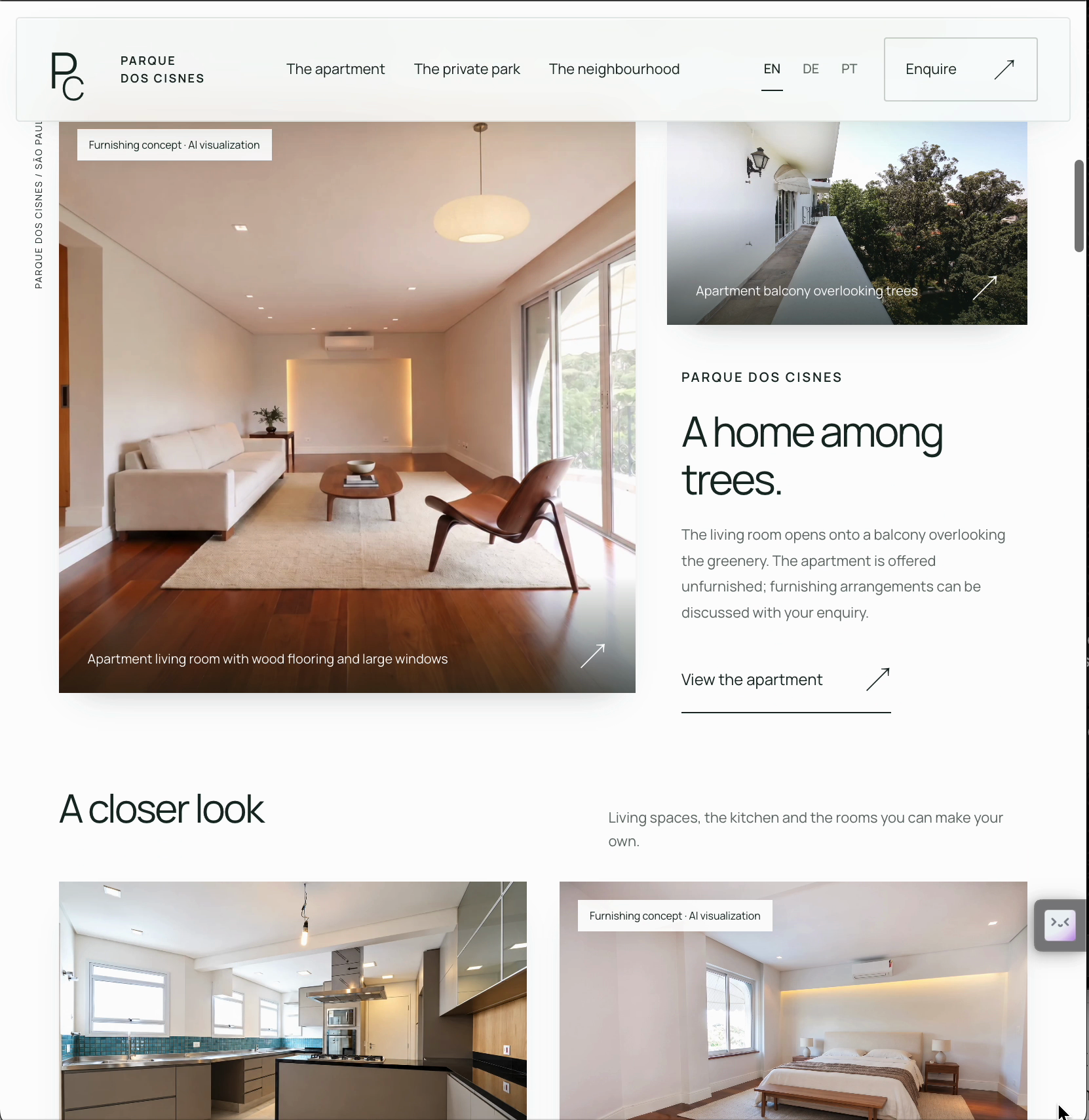 Website-Ausschnitt: eingerichteter Wohnraum neben Informationen zur Wohnung und zum privaten Park.