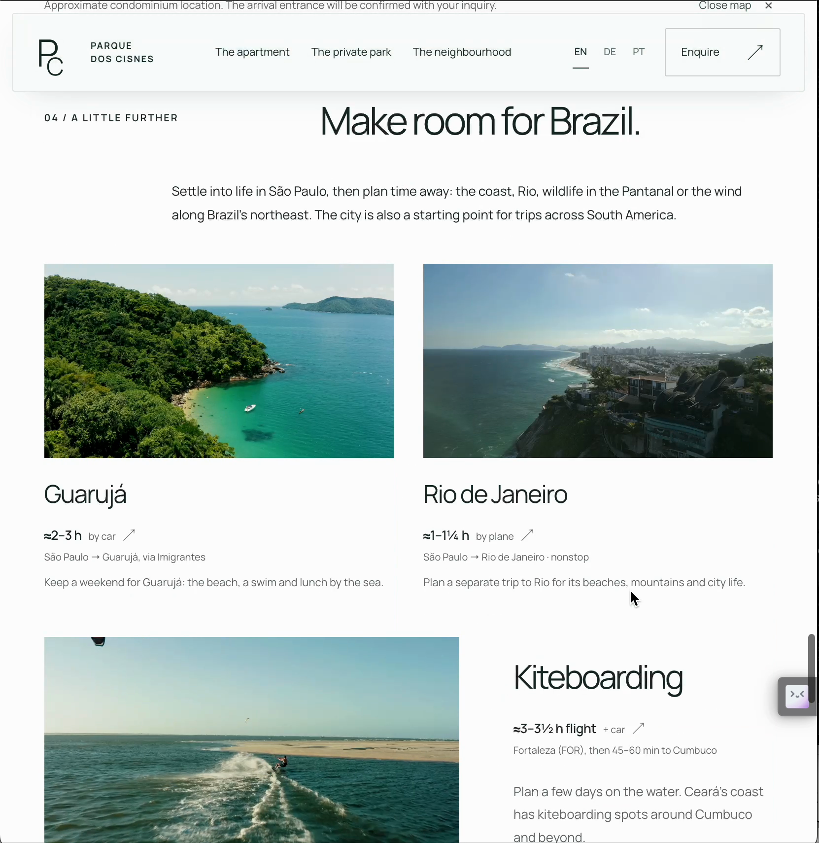 Website-Ausschnitt mit Reiseinspiration für Guarujá und Rio de Janeiro.